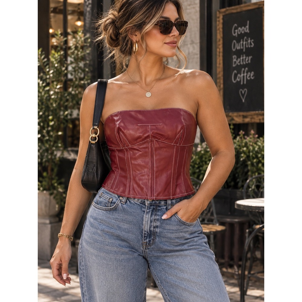 Edikted Moss Faux Leather Corset L Burgundy Y2K Lace Up Moto Bustier